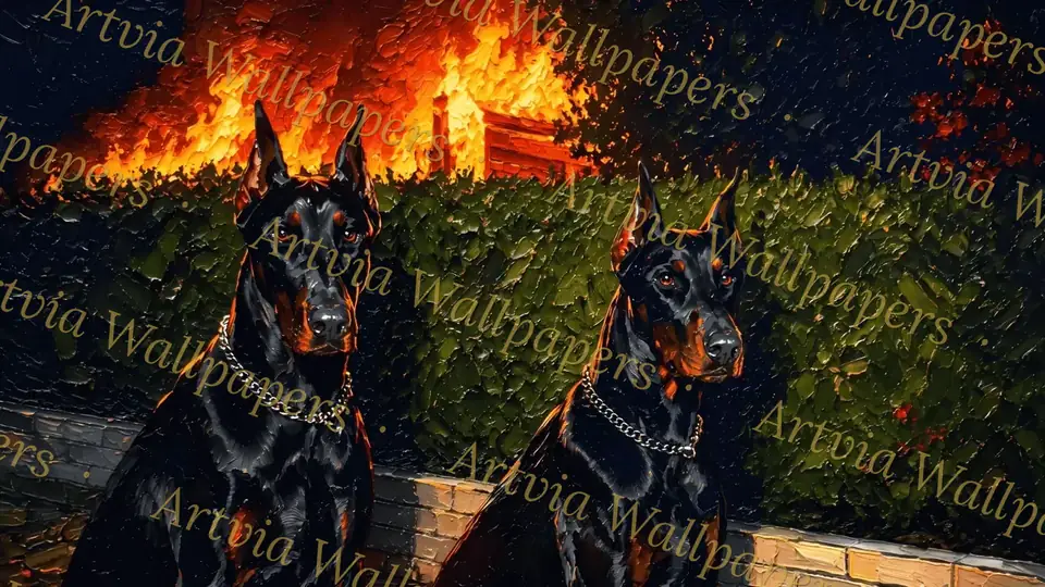Dobermans with fire in the background