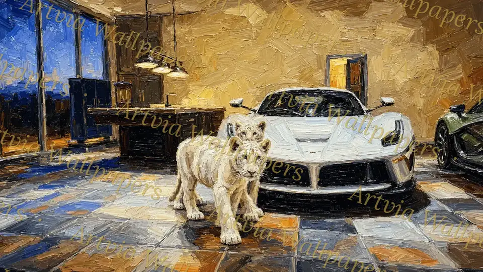 Lion cubs and a supercar