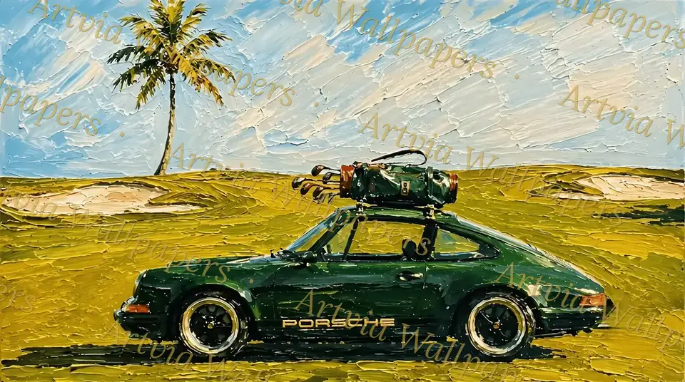 Green Porsche with golf clubs